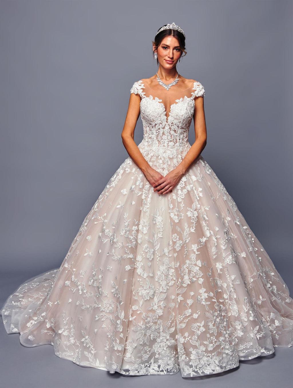 Lace, Cap Sleeve, Wedding Ball Gown with Illusion bodice and Cathedral Train
