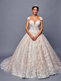Lace, Cap Sleeve, Wedding Ball Gown with Illusion bodice and Cathedral Train