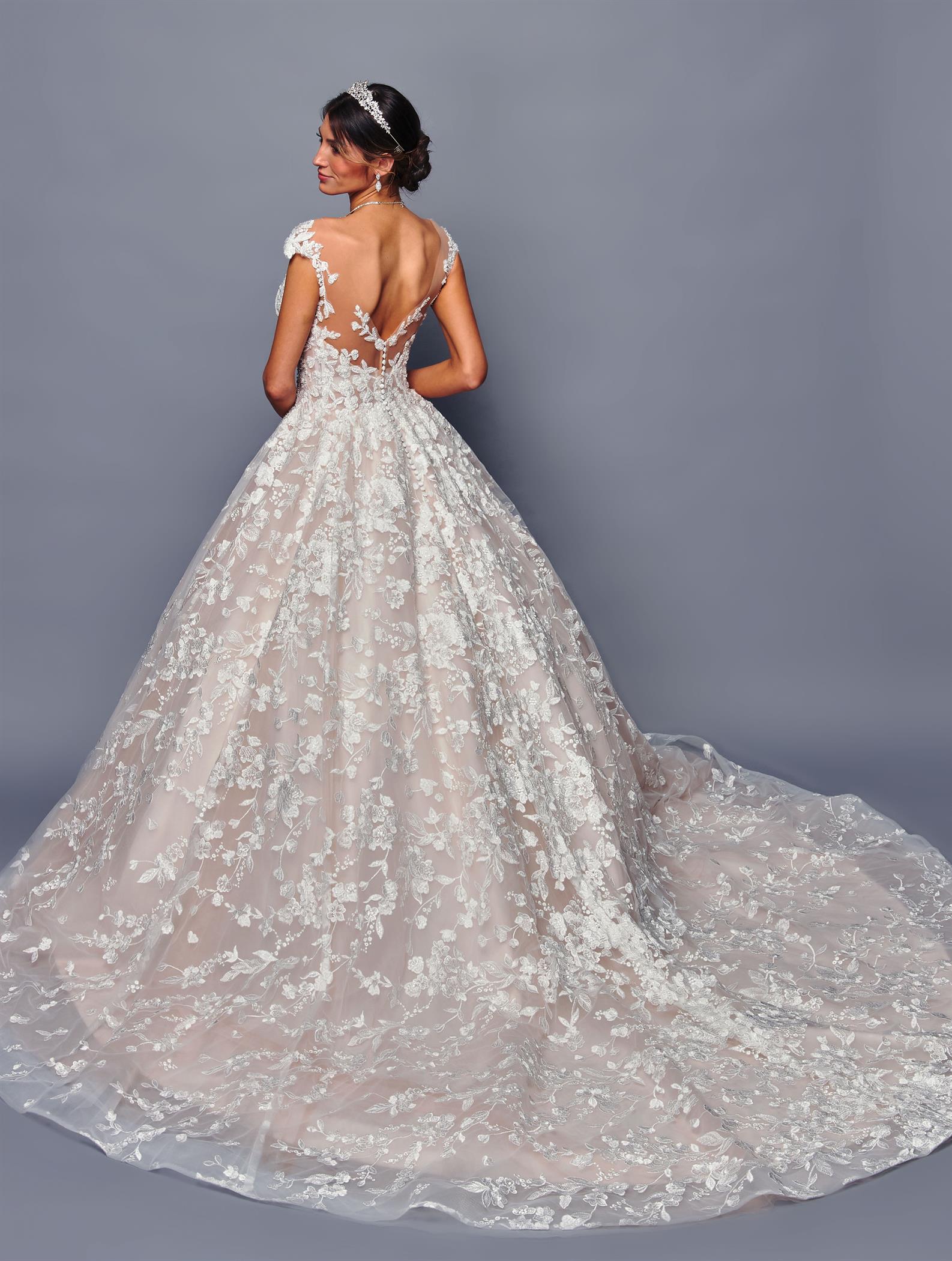 Lace, Cap Sleeve, Wedding Ball Gown with Illusion bodice and Cathedral Train