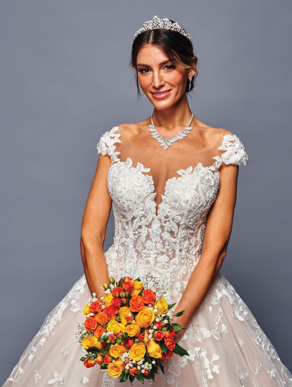 Lace, Cap Sleeve, Wedding Ball Gown with Illusion bodice and Cathedral Train