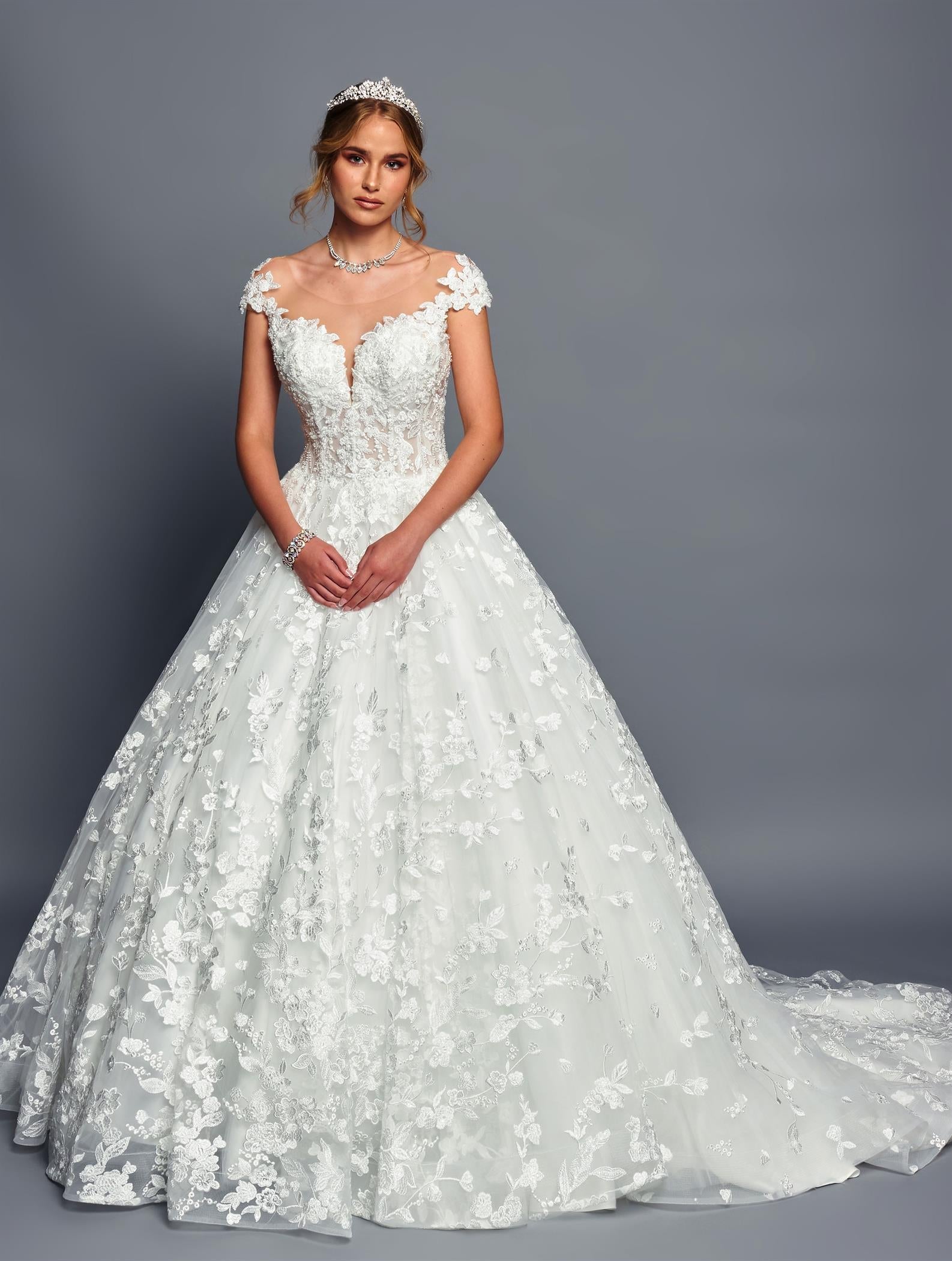 Lace, Cap Sleeve, Wedding Ball Gown with Illusion bodice and Cathedral Train