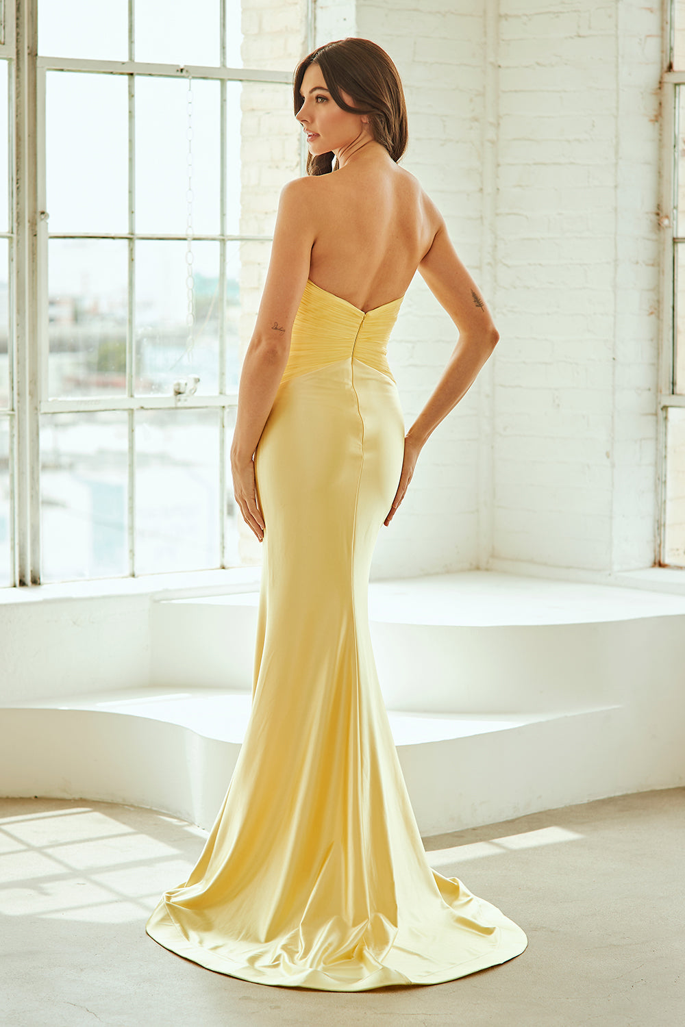 Strapless Beaded Evening Gown with Chiffon Cape & High Slit