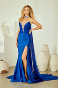 Strapless Beaded Evening Gown with Chiffon Cape & High Slit