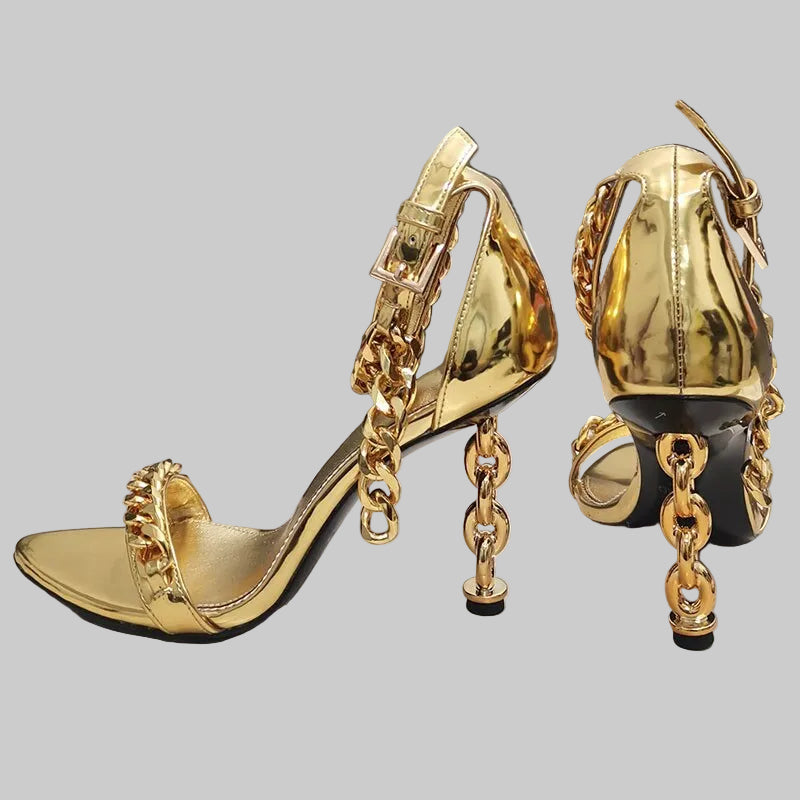 Genuine Leather Gold Chain Heeled Sandals