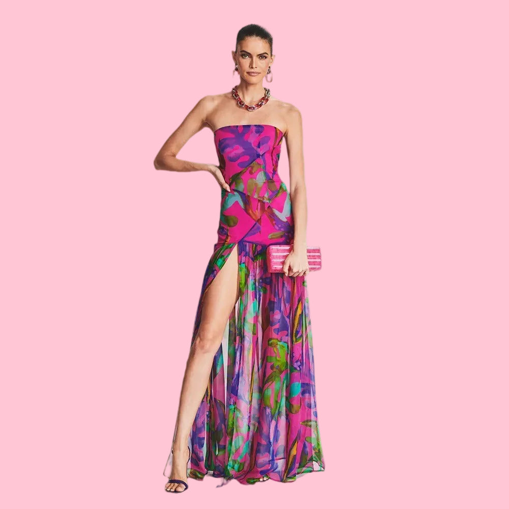 Strapless Floral Printed Split Maxi Dress