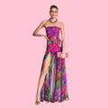 Strapless Floral Printed Split Maxi Dress