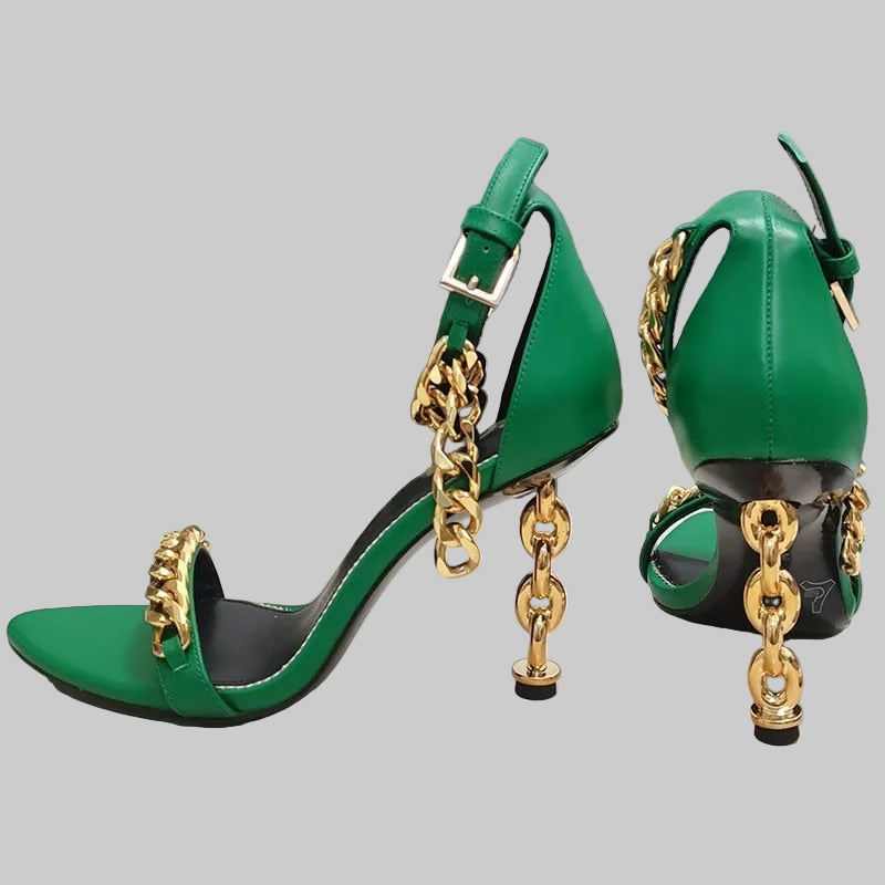 Genuine Leather Gold Chain Heeled Sandals