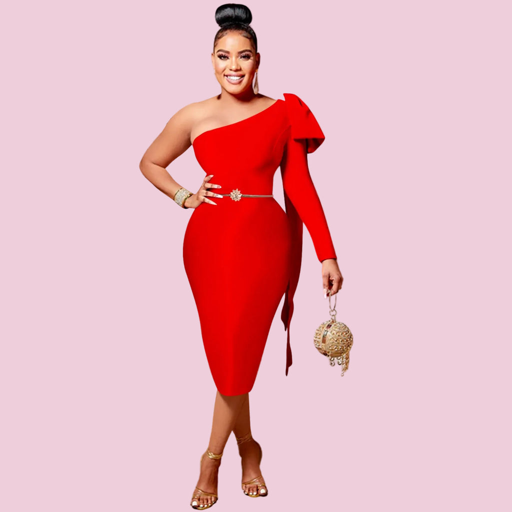 Single Long Sleeve Dress with Asymmetrical Neckline and Bow Ribbon Detail