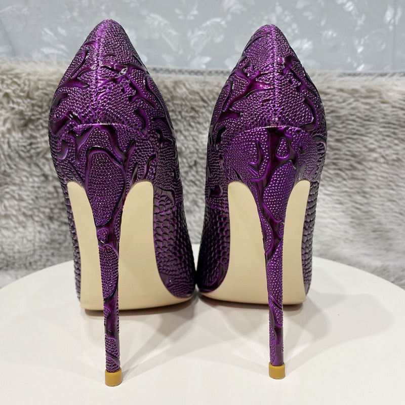 Purple Embossed Crocodile Effect Women Pointy Toe Slip On High Heel Shoes for Party Sexy Ladies Dress Stiletto Pumps