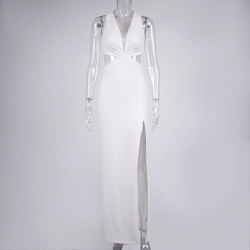 Sexy Crossed Back V Neck High Slit Maxi Cocktail Dress