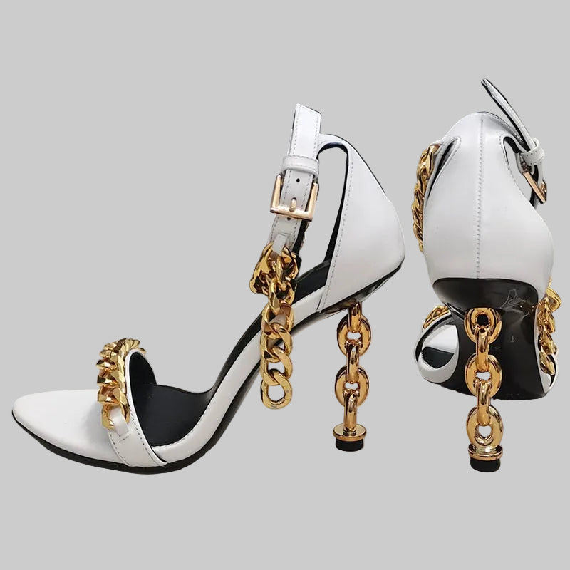 Genuine Leather Gold Chain Heeled Sandals
