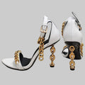 Genuine Leather Gold Chain Heeled Sandals