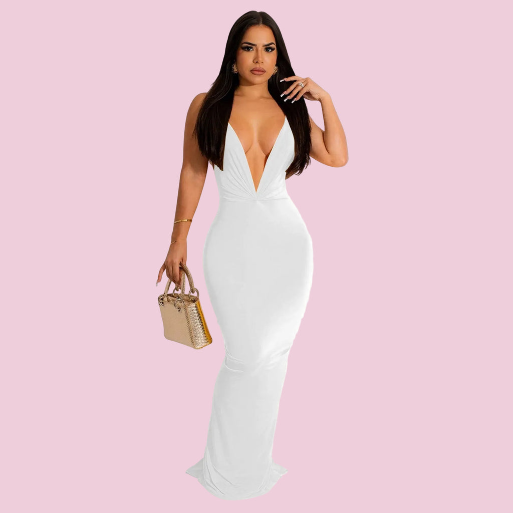 Sleeveless Pleated V-Neck Long Dress