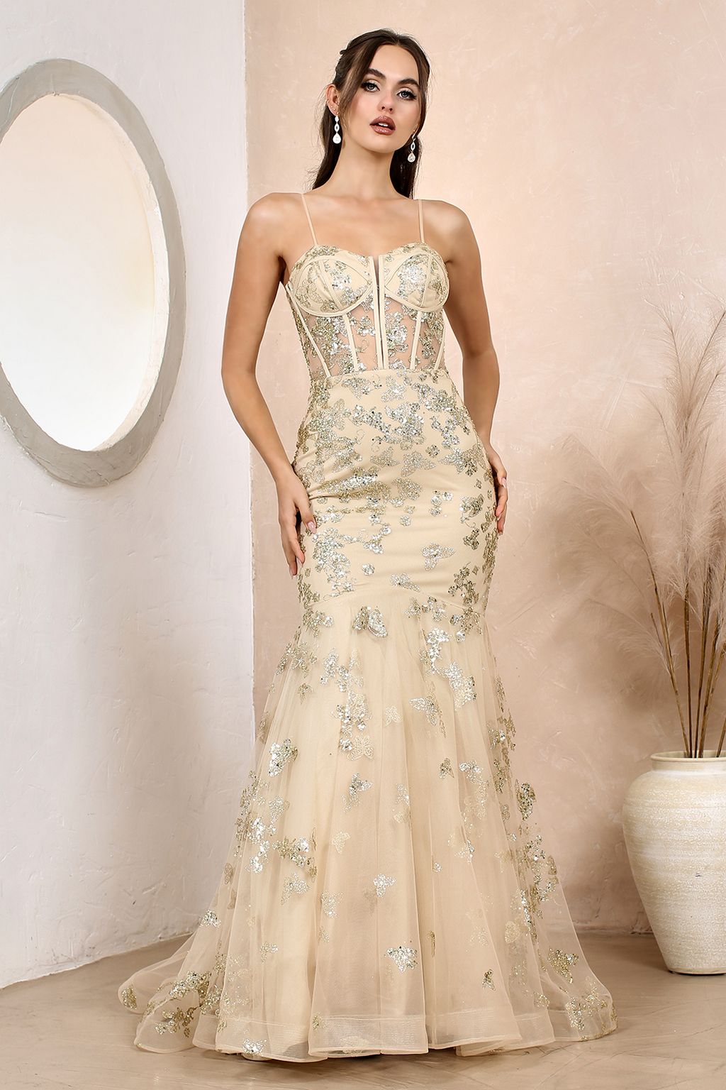 Formal Dresses Corset Long Mermaid Formal Glitter Prom DressChampagne