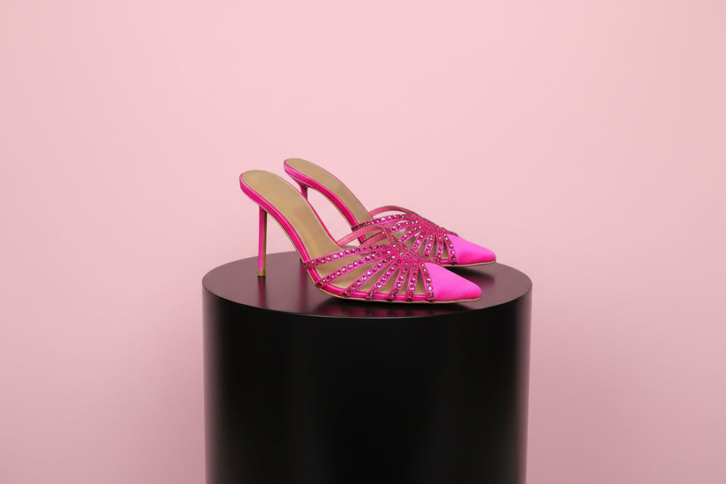 Satin Pointed Toe High Heel Stiletto Slippers with Rhinestones