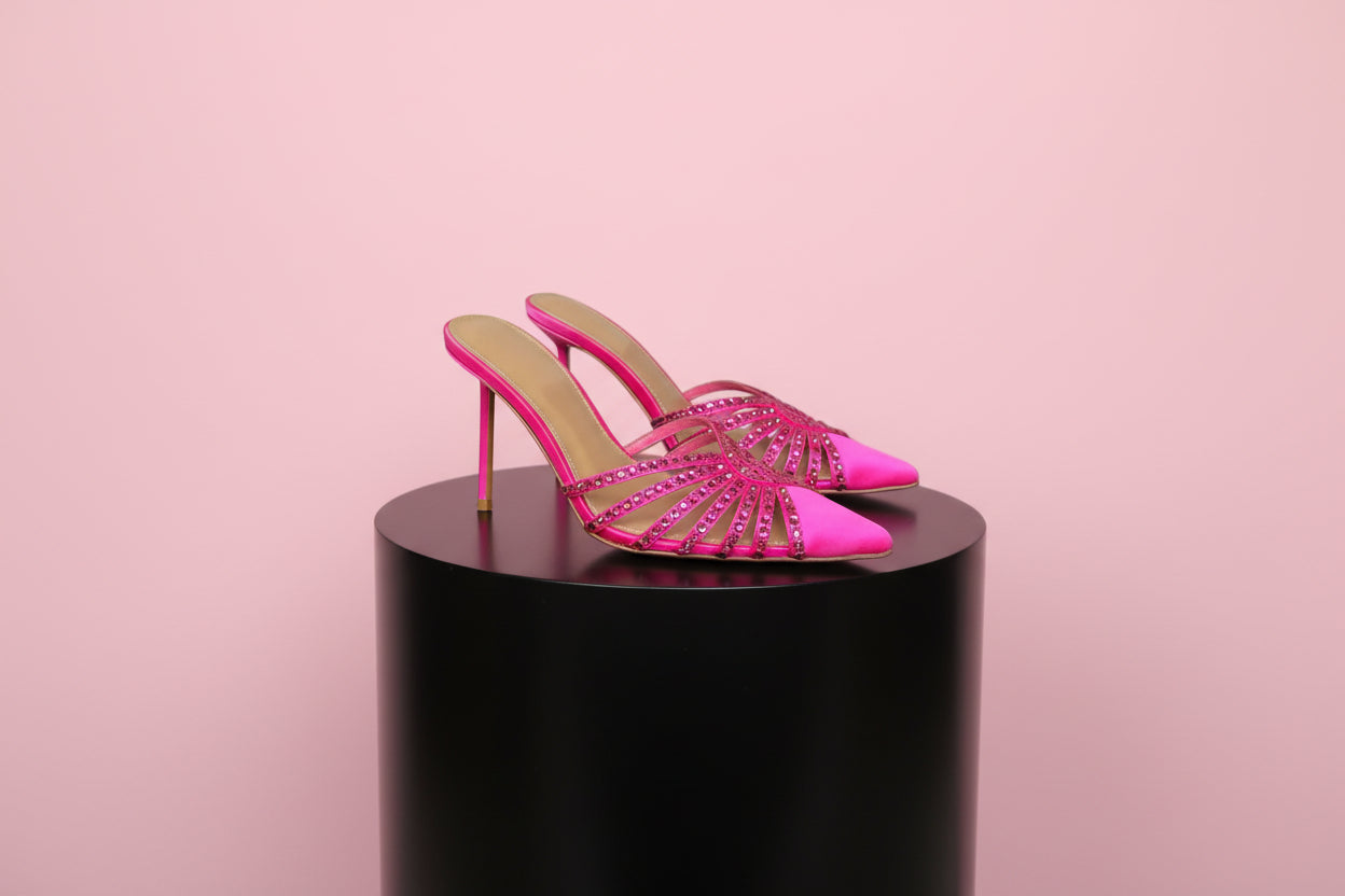 Satin Pointed Toe High Heel Stiletto Slippers with Rhinestones