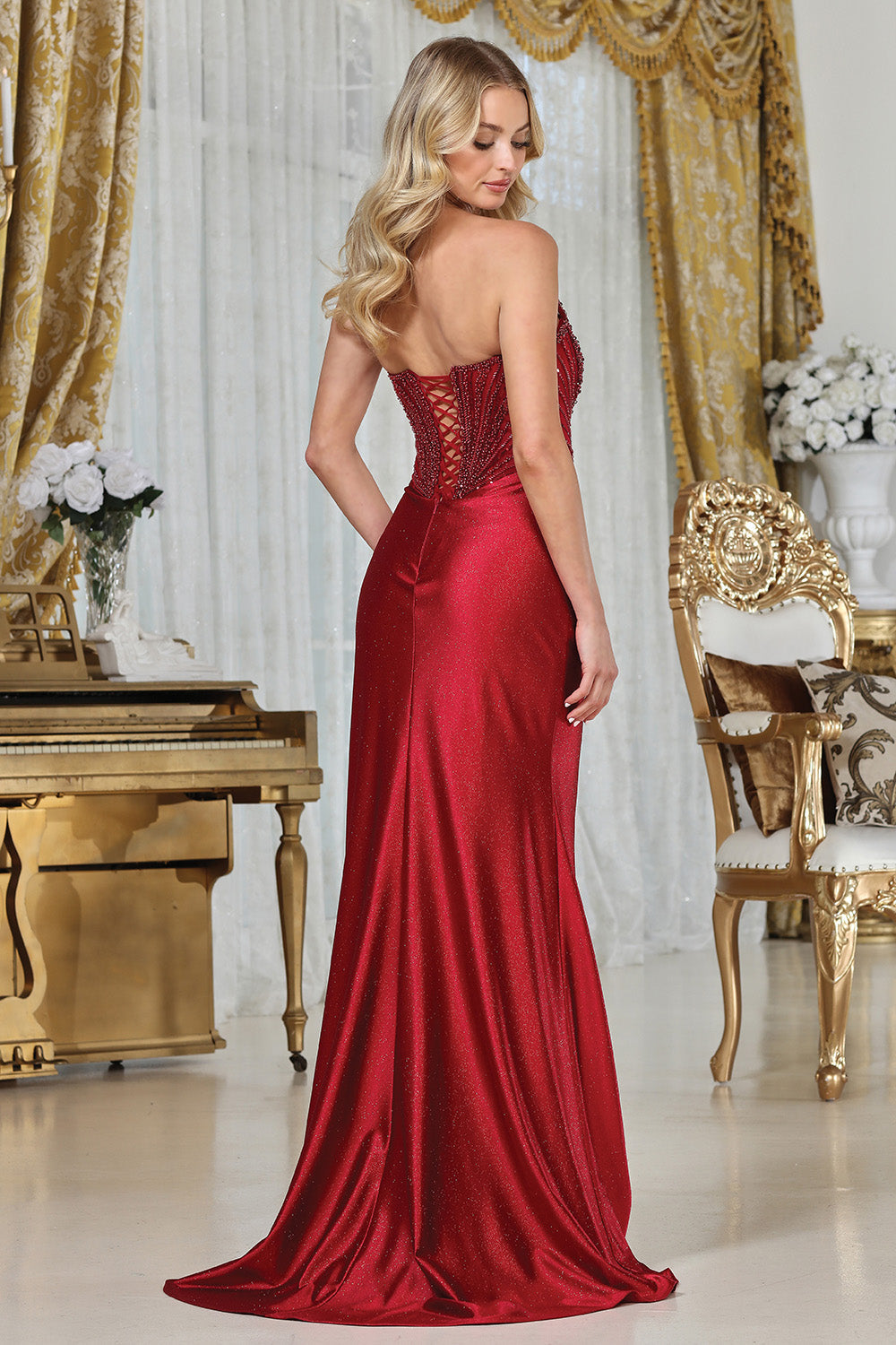Wholesale Strapless Sweetheart Beaded Sheath Glitter Satin Prom Evening Gown with Slit by LAL3338