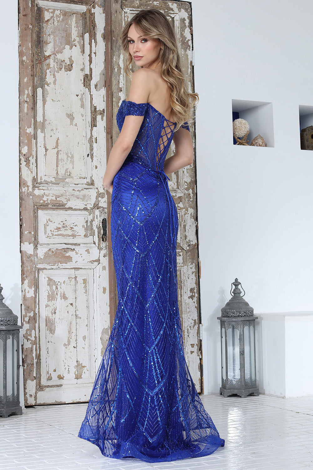 Off-Shoulder Beaded Sequin Illusion Corset Mermaid Evening Gown