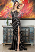 Prom Dresses Fitted Sequin Slit Formal Long Prom Dress Adora Design 3395 Black/Gold