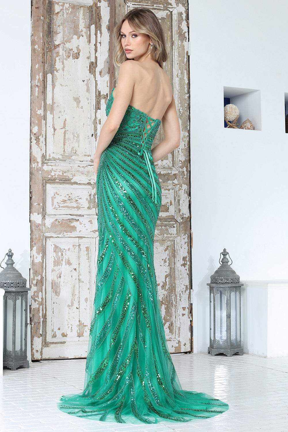Wholesale Strapless Sequin Beaded Sheath Prom Evening Gown with Slit by LAL3395