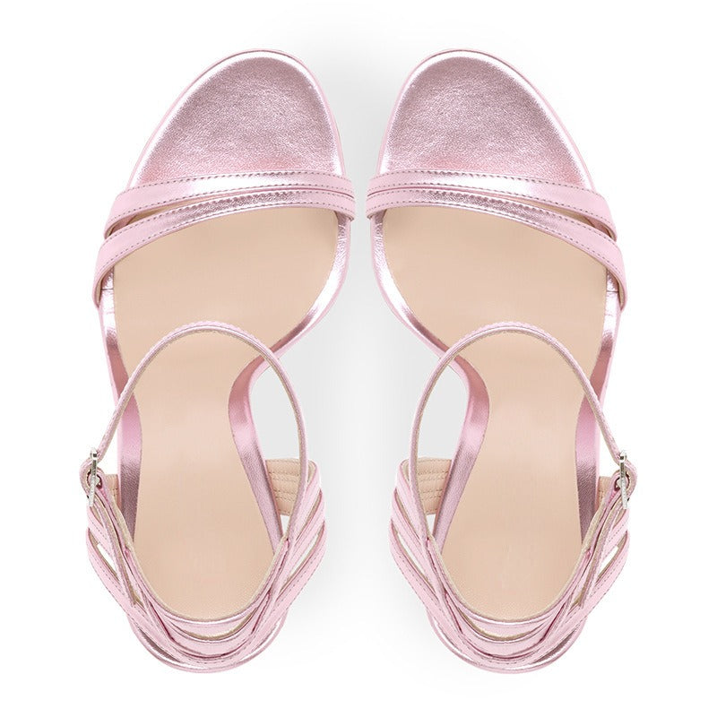 Womens Pink Slim High Heeled Sandals, Large Pointed Open Toe