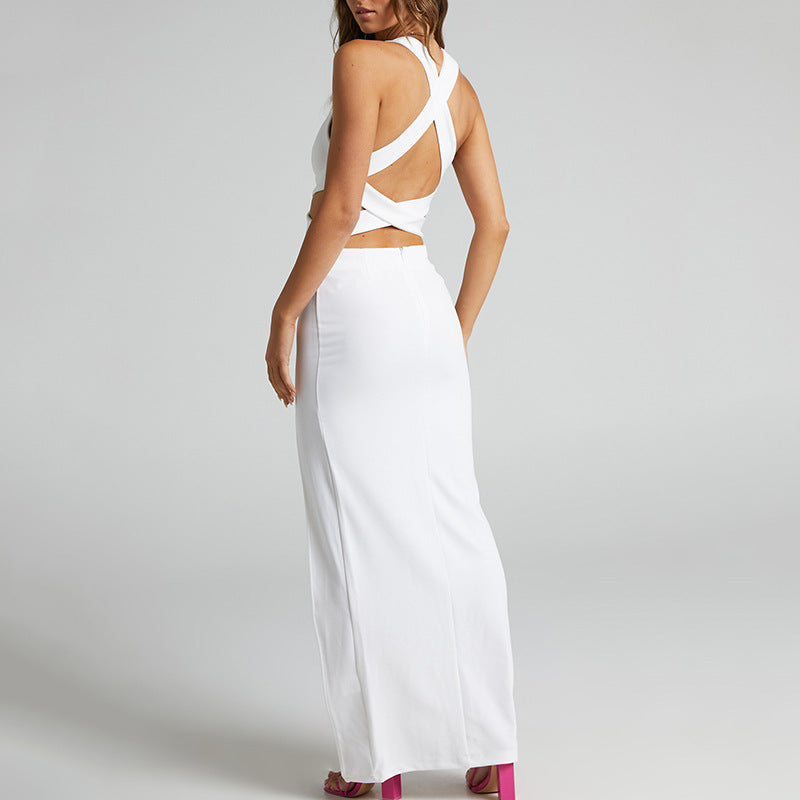 Sexy Crossed Back V Neck High Slit Maxi Cocktail Dress
