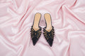 Satin Pointed Toe High Heel Stiletto Slippers with Rhinestones