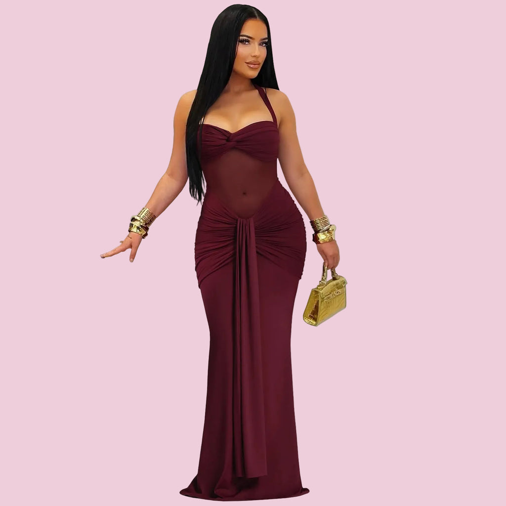 Sheer Mesh Halter Tie-Back Dress