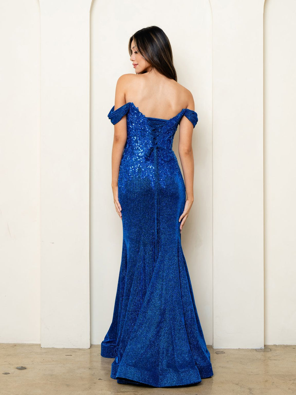 Glitter Beaded Mermaid Prom Dress With Train By LA Merchandise LAV5284