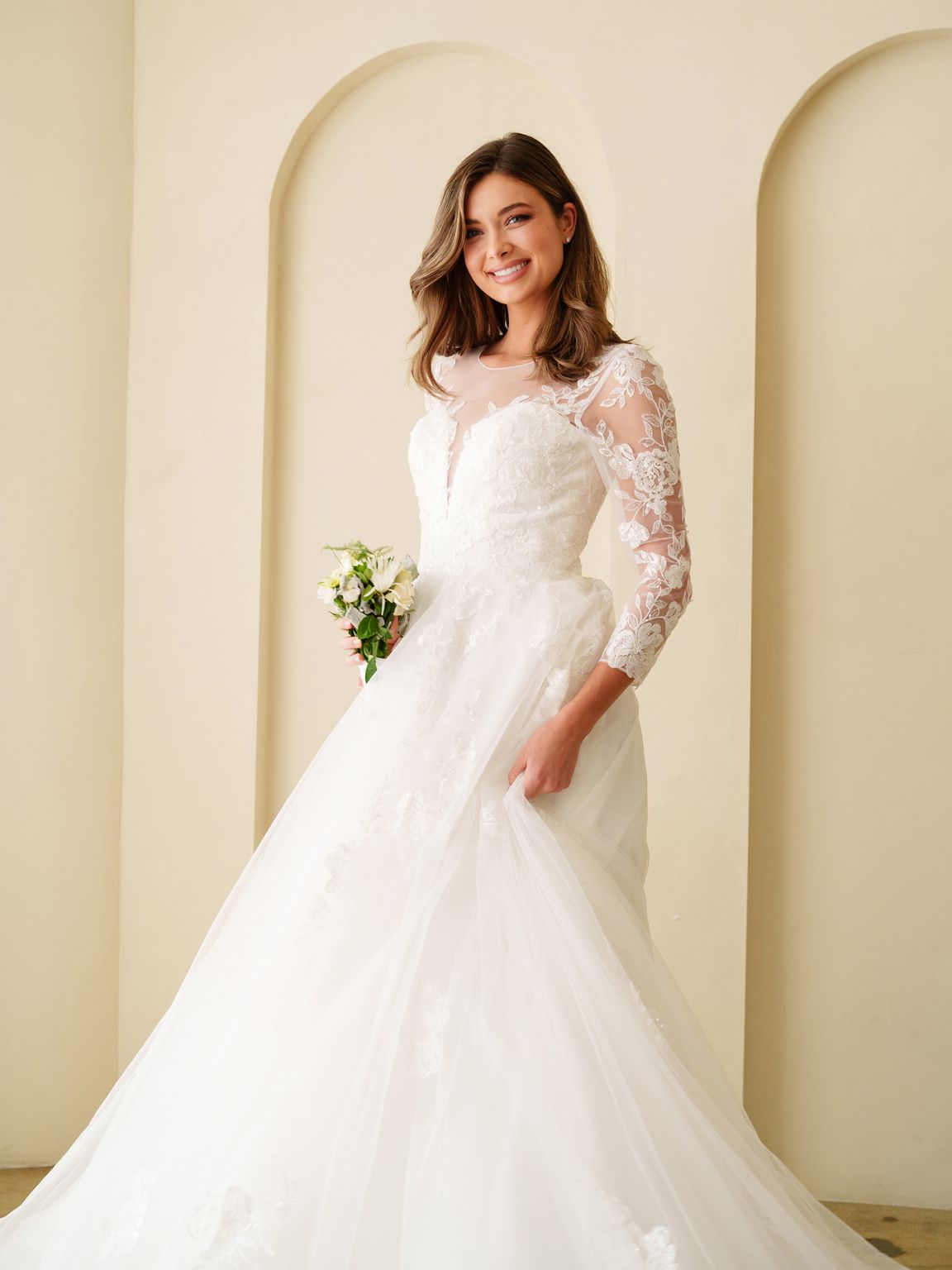 Off White Lace A-Line Bridal Gown With Train