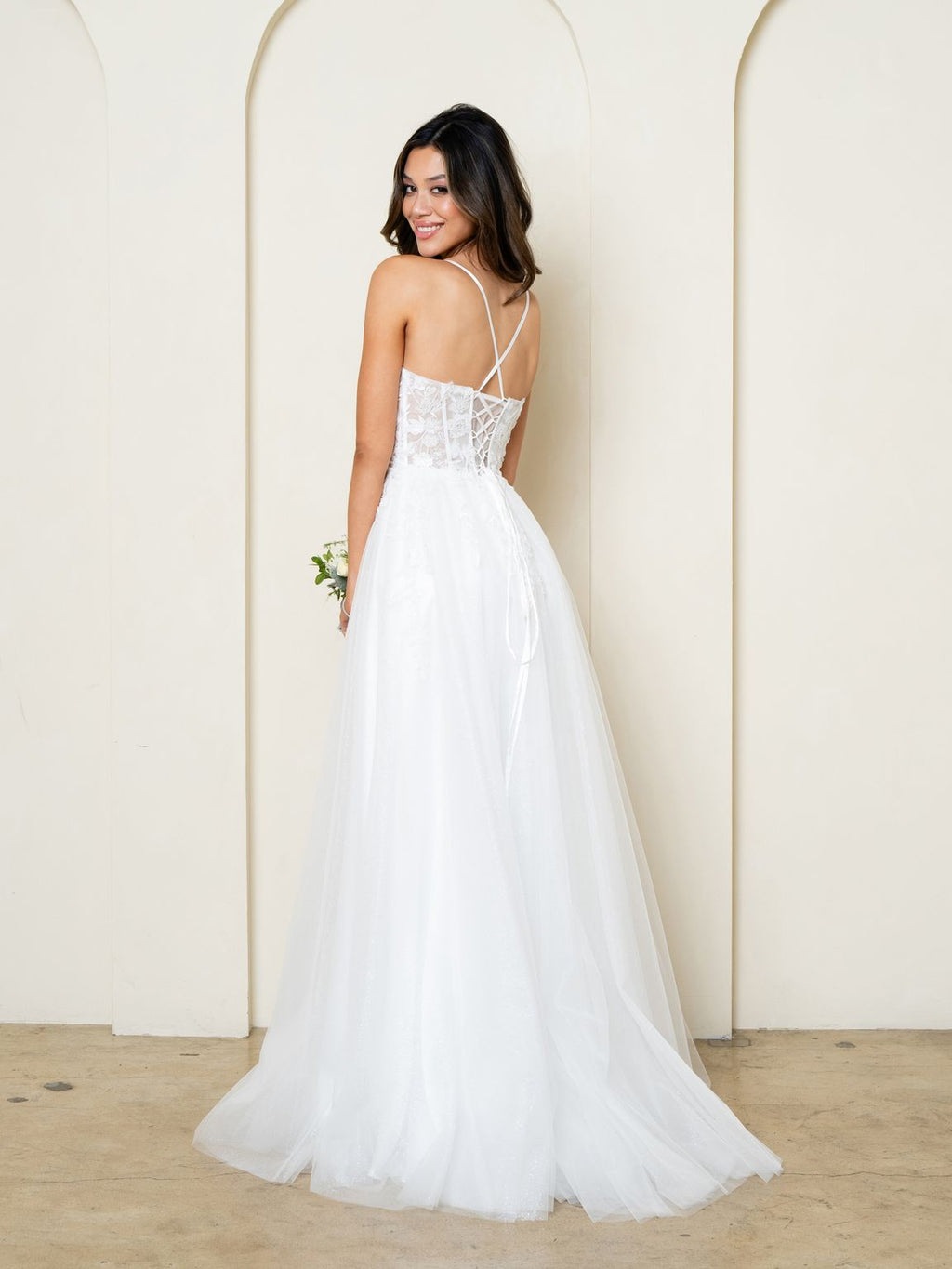 Off White Glitter Tulle Ball Gown Wedding Dress