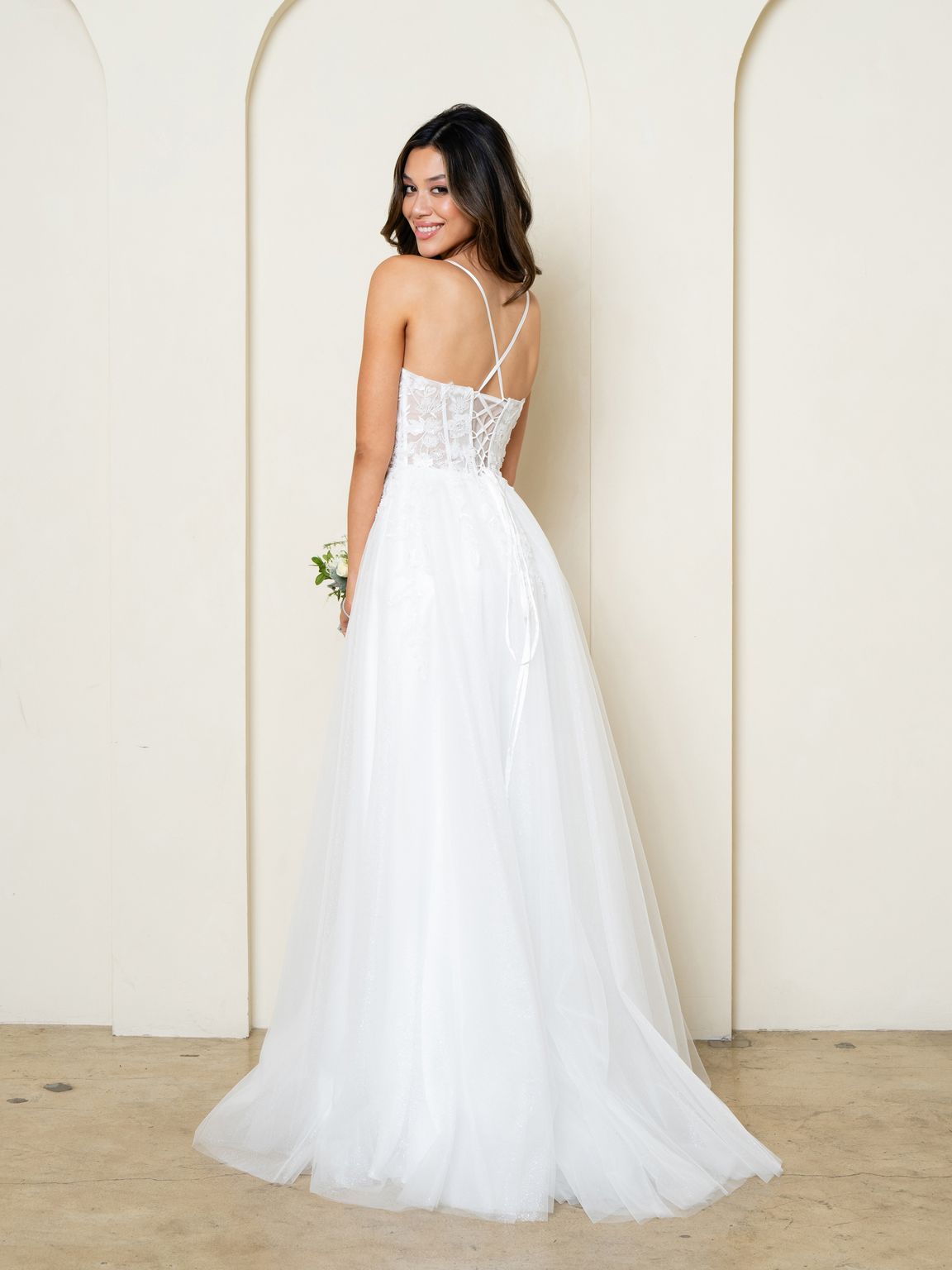 Off White Glitter Tulle Ball Gown Wedding Dress