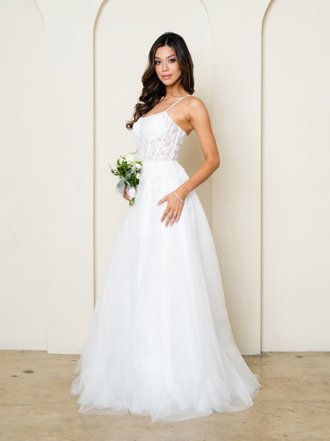 Off White Glitter Tulle Ball Gown Wedding Dress