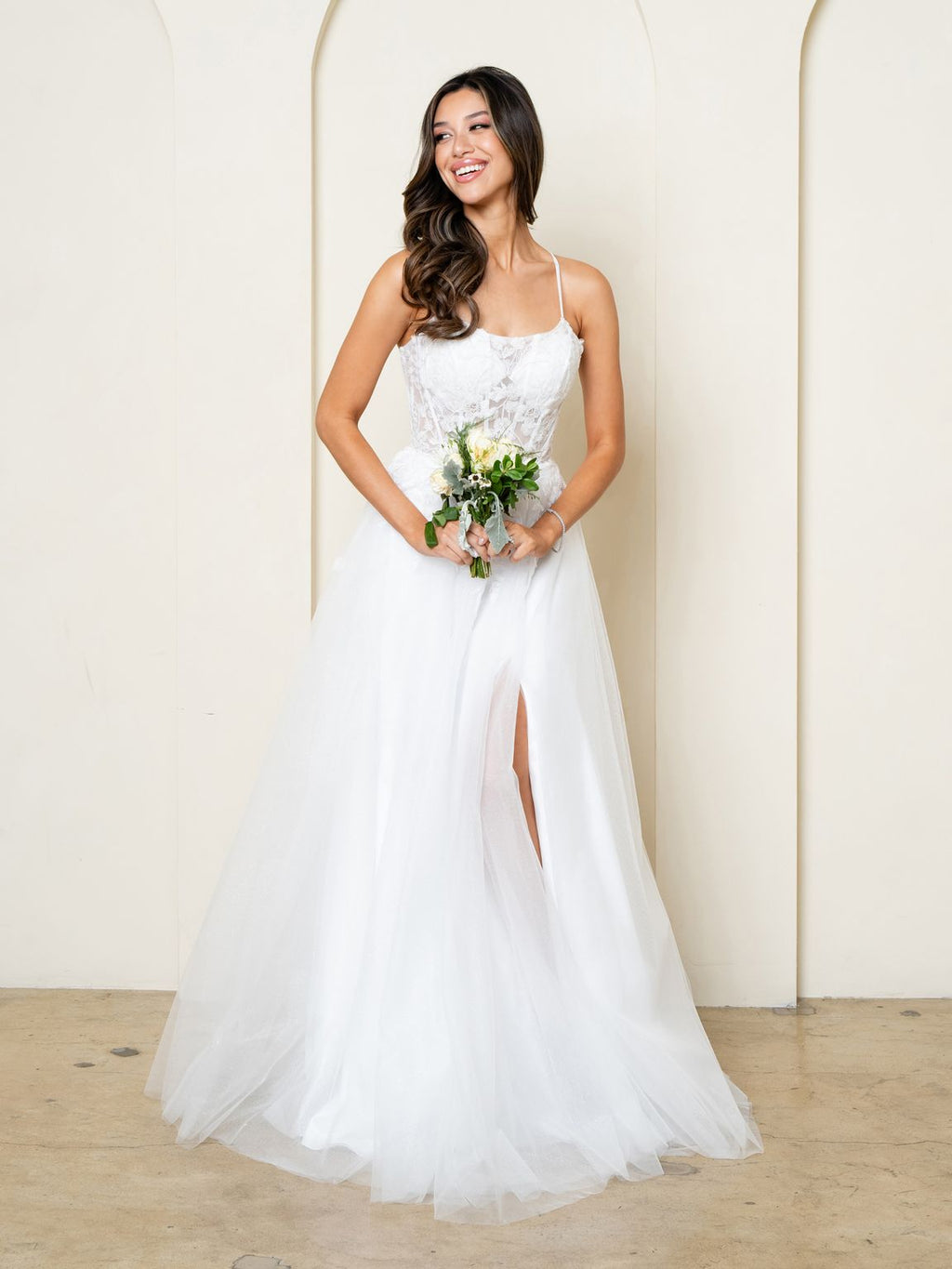 Off White Glitter Tulle Ball Gown Wedding Dress