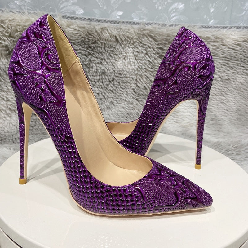 Purple Embossed Crocodile Effect Women Pointy Toe Slip On High Heel Shoes for Party Sexy Ladies Dress Stiletto Pumps