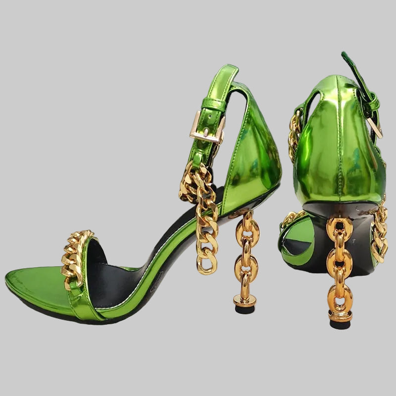 Genuine Leather Gold Chain Heeled Sandals