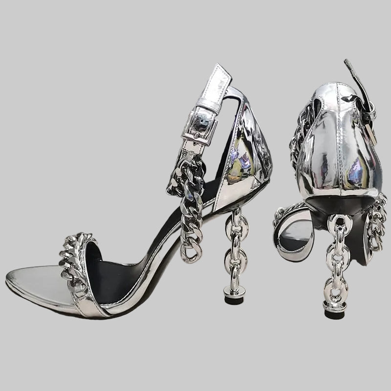 Genuine Leather Gold Chain Heeled Sandals