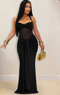 Sheer Mesh Halter Tie-Back Dress