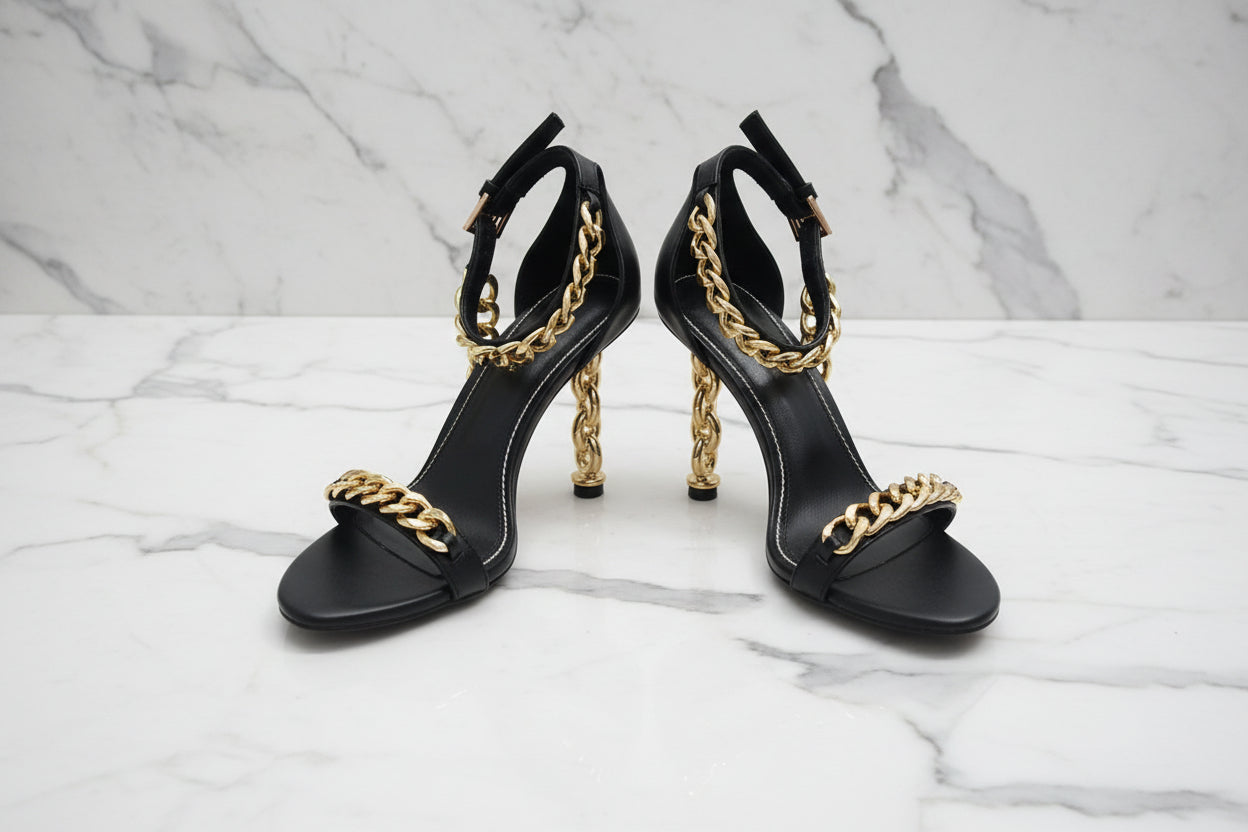 Genuine Leather Gold Chain Heeled Sandals