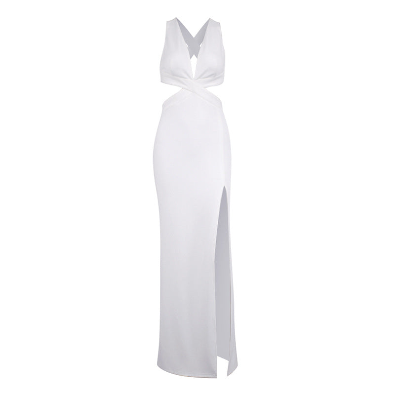 Sexy Crossed Back V Neck High Slit Maxi Cocktail Dress
