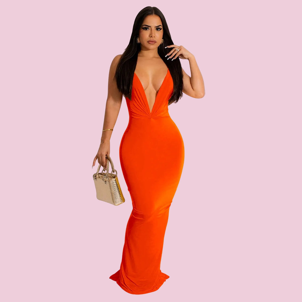 Sleeveless Pleated V-Neck Long Dress