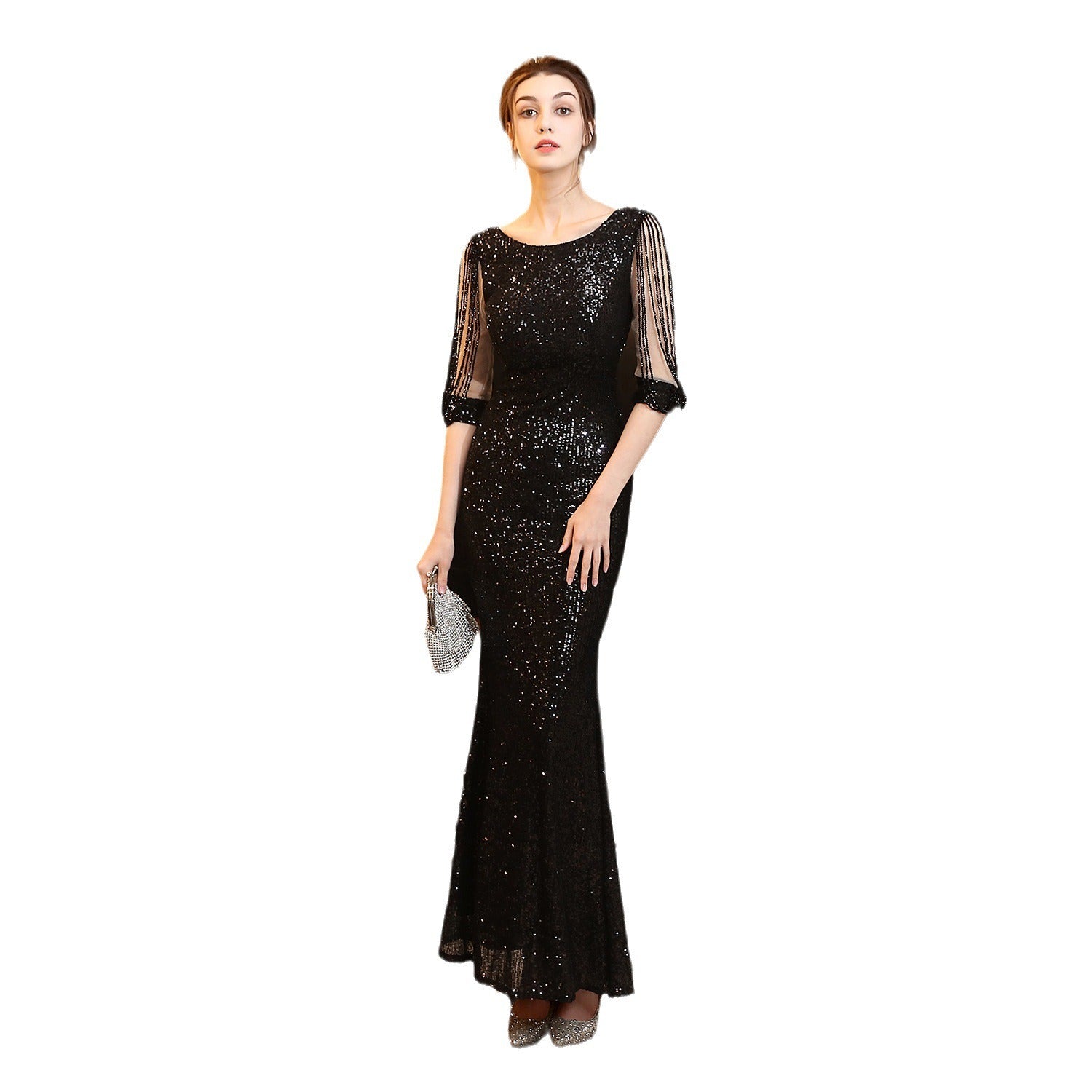 Elegant Sequined Cut Out Sleeve Long sleeved Evening Gown