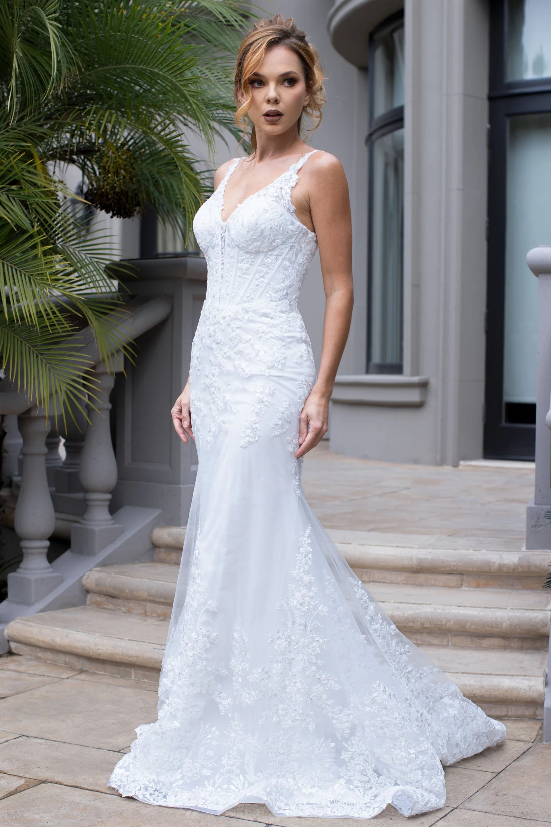 Lace Mermaid Wedding Dress with Corset Back V-Neck Bridal Gown with Train