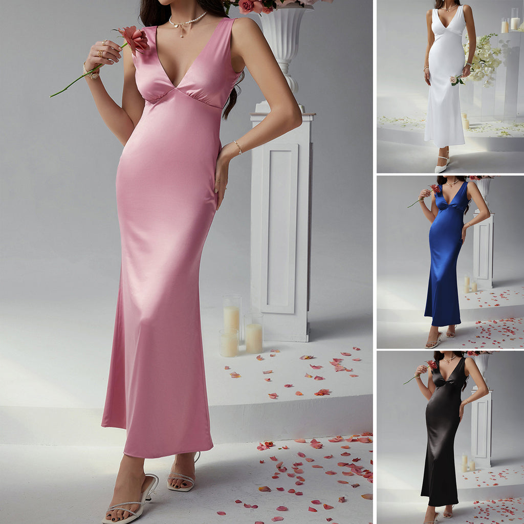 Elegant Everyday Glamor Deep V Neck and Back Satin Maxi Dress