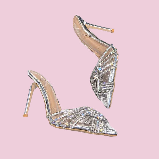 High Heels Women Sandals Crystal Rhinestones Bride Wedding Shoes Sexy Pointed Transparent Heels Female Pumps