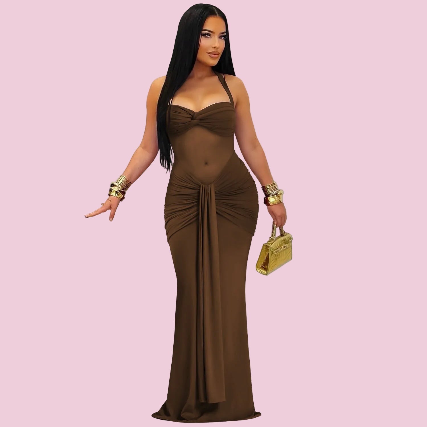 Sheer Mesh Halter Tie-Back Dress