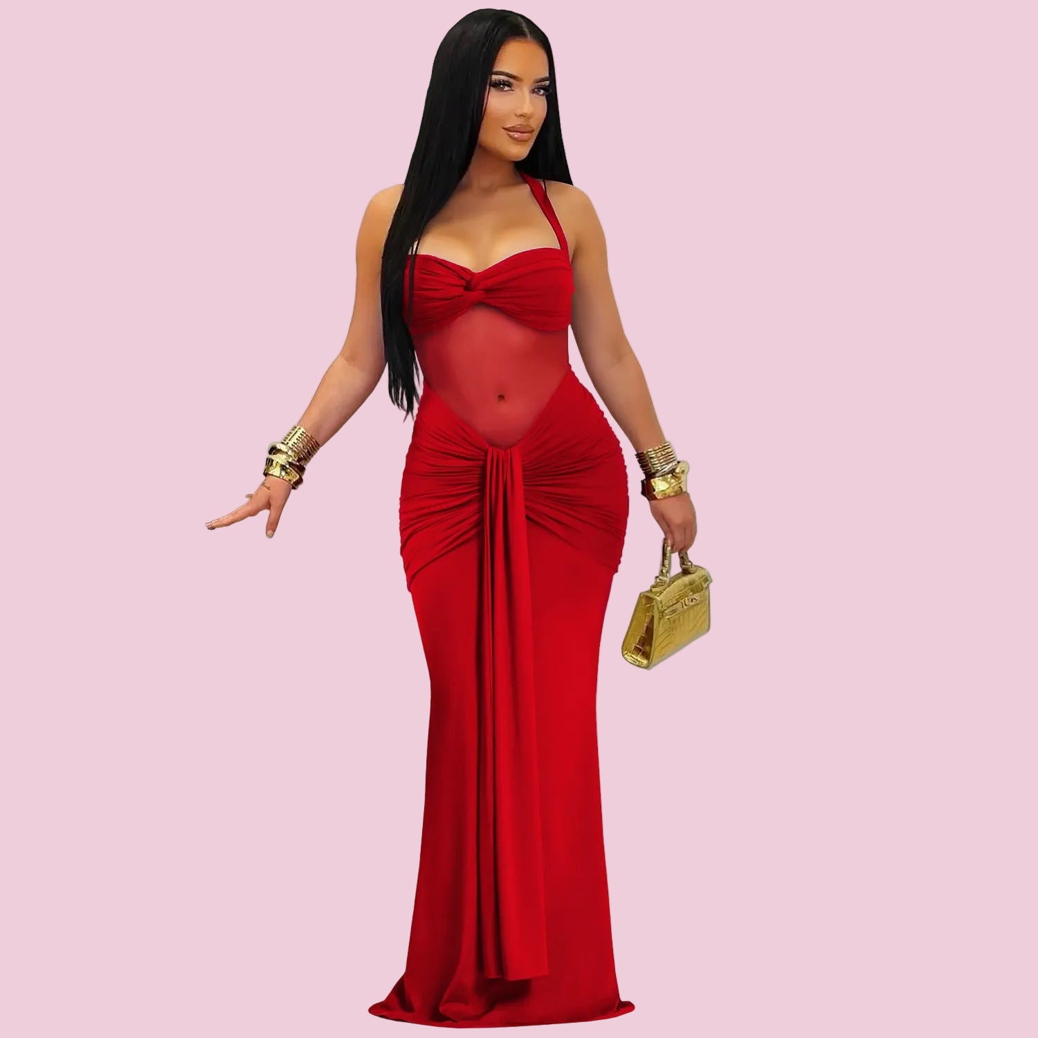 Sheer Mesh Halter Tie-Back Dress