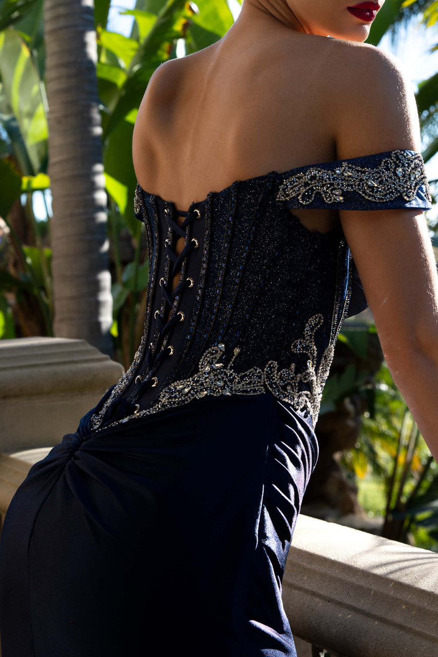Off Shoulder Beaded Corset Evening Gown with High Slit