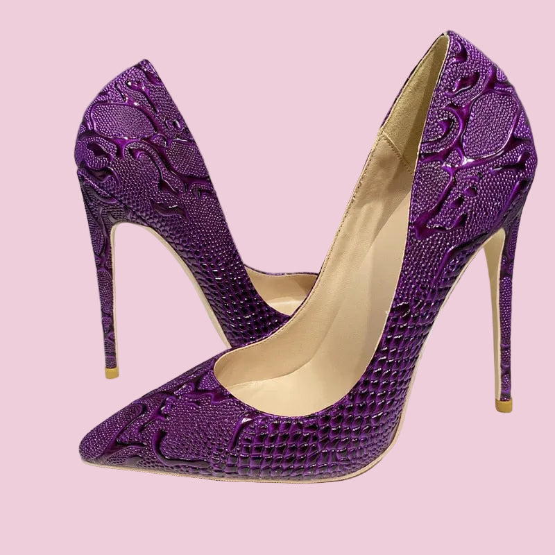 Purple Embossed Crocodile Effect Women Pointy Toe Slip On High Heel Shoes for Party Sexy Ladies Dress Stiletto Pumps