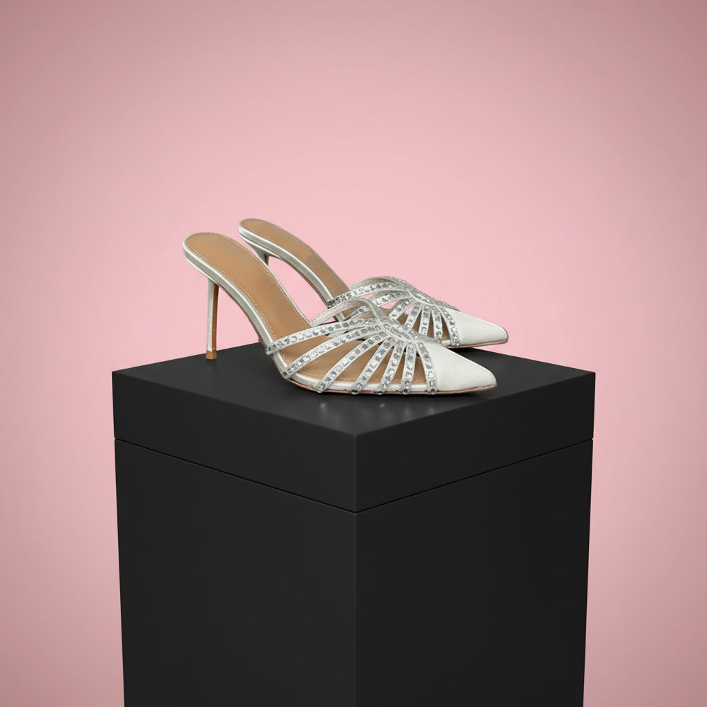 Satin Pointed Toe High Heel Stiletto Slippers with Rhinestones